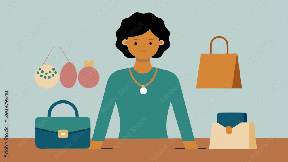 Biodegradable Accessories A fashion designer displaying a collection of biodegradable accessories such as bags and jewelry on a wooden table. Biodegradable Accessories A fashion designer displaying a collection of biodegradable accessories such as bags and jewelry on a wooden table.