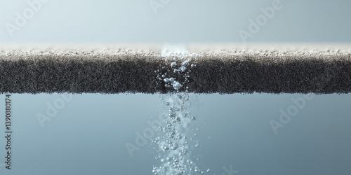 3d illustration of water passing through a layer of carbon filter, fine dirt particles remain in the filter, clean water comes out
