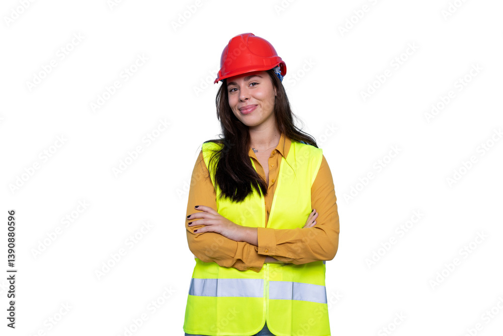 Female architect in safety helmet, reflective vest, confidently standing with crossed arms on transparent background Female architect in safety helmet, reflective vest, confidently standing with crossed arms on transparent background