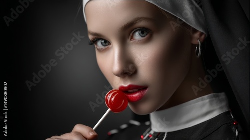 Beautiful nun with a red lollipop in her mouth, erotic nun detailed face, large red lips, licking a red lollypop , red sensual lips. Temptation and sexual pleasure. Adult theme. Forbidden fruit.