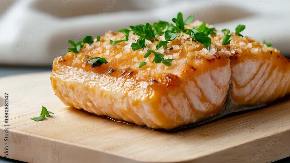 Delicious grilled salmon fillet topped with fresh parsley and coarse salt on wooden board Close-up shot