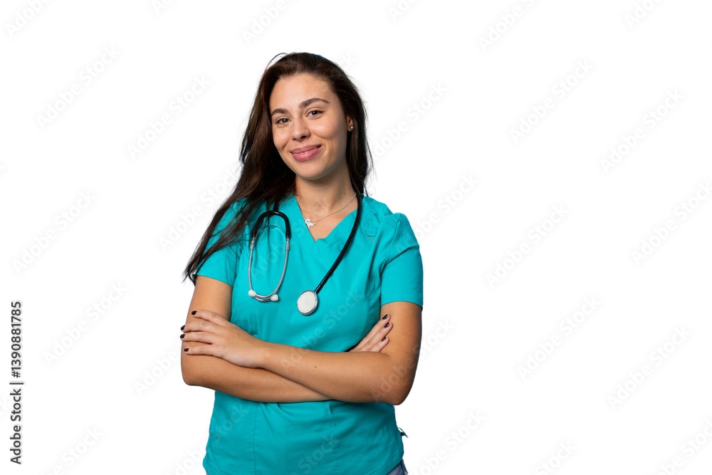 Confident female doctor standing with crossed arms, radiating medical expertise against transparent backdrop Confident female doctor standing with crossed arms, radiating medical expertise against transparent backdrop