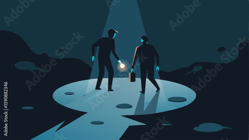 Navigating Puddles Two figures carefully stepping over deep puddles and debris in a dilapidated sewer passage illuminated by a flash of a handheld flashlight.