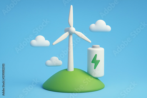 3d model wind turbine standing on a small green hill next to a large battery with a lightning bolt symbol on it, suggesting energy storage. Eco friendly, renewable energy and sustainability.