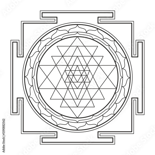 Black and White Sri Yantra Line Art – Sacred Geometric Symbol of Divine Harmony and Spiritual Energy for Coloring, Meditation, or Minimalist Sacred Decor - Vector, Eps