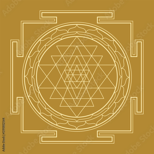 Golden Sri Yantra Symbol – Sacred Geometry of Creation, Divine Balance, and Spiritual Manifestation in Ancient Vedic and Tantric Wisdom Traditions - Vector, Eps