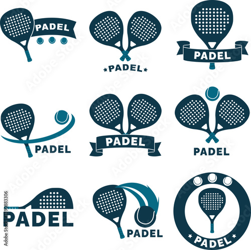 Padel tennis rackets and balls sporting club logos representing dynamic action
