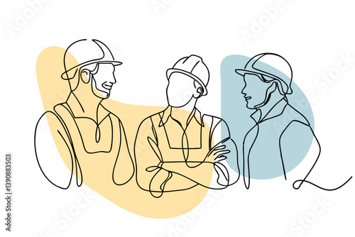 one line drawing of male construction workers talking, vector illustration 