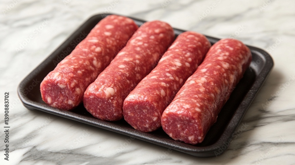 Four raw sausages on a black tray Four raw sausages on a black tray
