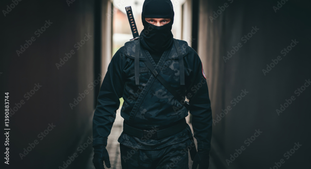 Male ninja in black camouflage uniform with katana in dark alleyway Male ninja in black camouflage uniform with katana in dark alleyway