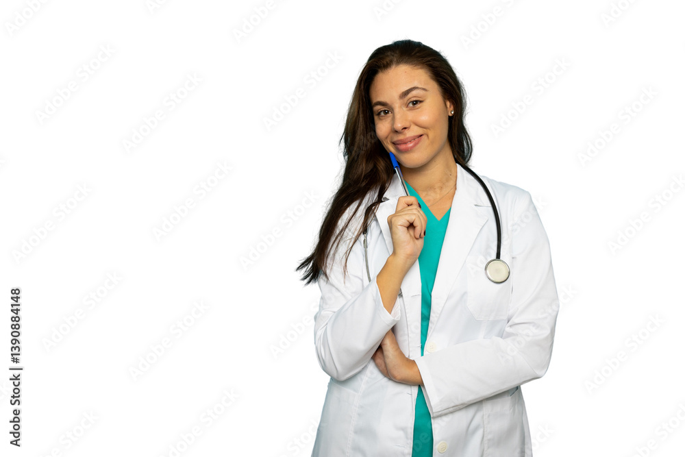 Portrait of a female doctor smiling and holding a pen, isolated on transparent background Portrait of a female doctor smiling and holding a pen, isolated on transparent background