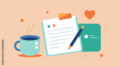Gratitude Journal An open journal with handwritten notes of gratitude accompanied by a small cup of tea and a pen illustrating the practice of recognizing positive aspects of life.