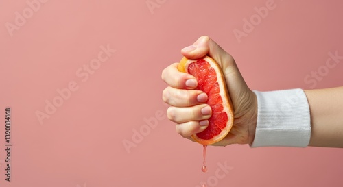 Caucasian female hand squeezing grapefruit against pink background