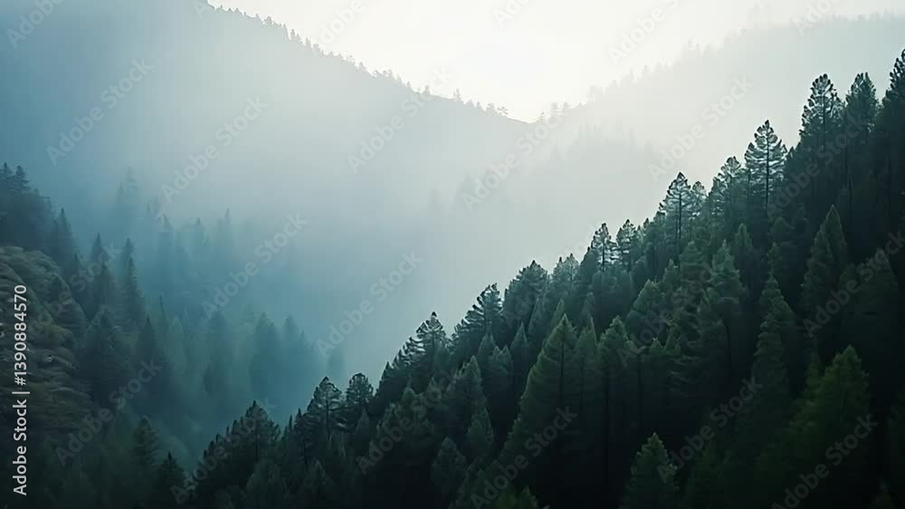 Verdant pines ascend misty slopes in ethereal mountain landscape