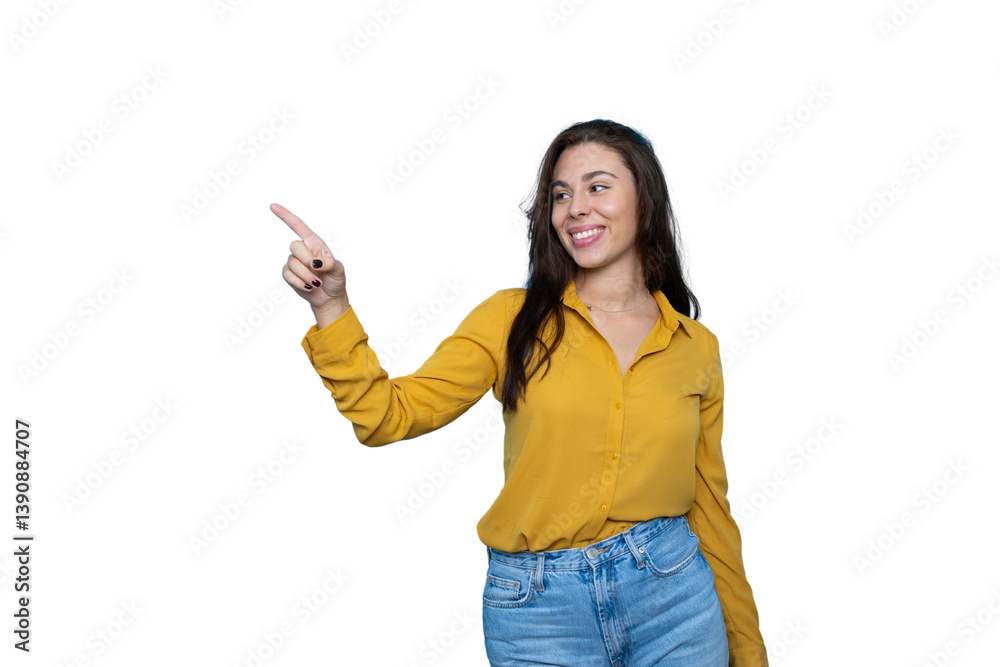 Cheerful businesswoman pointing with index finger aside while smiling on transparent background Cheerful businesswoman pointing with index finger aside while smiling on transparent background