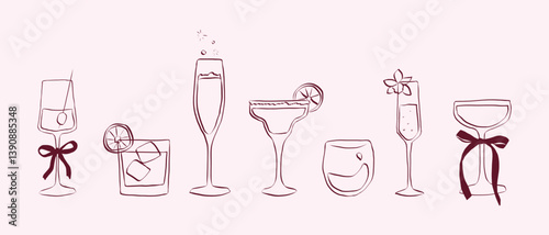 Cold drinks and cocktails. Hand drawn coquette drawing. Cute glasses with ribbon and bow for menu in crayon and sketch style. Doodle outline vector illustration