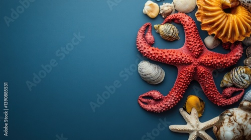 Colorful seashells and starfish on a dark background