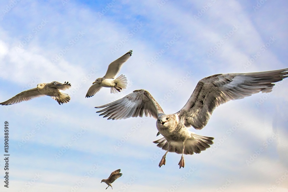 Obraz premium Herring Gulls coming in close from above, beneath a partly cloudy blue sky at Rock Harbor on Cape Cod, Massachusetts.