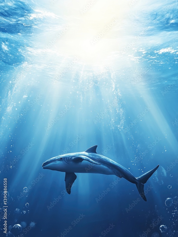 Fototapeta premium Whale Swimming Underwater with Sunlight Rays and Bubbles in Deep Ocean