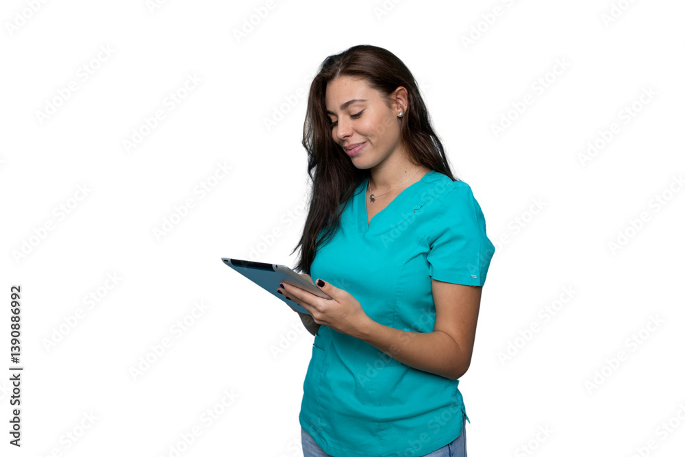 Nurse wearing turquoise scrubs using tablet with transparent background, ideal for medical and healthcare marketing Nurse wearing turquoise scrubs using tablet with transparent background, ideal for medical and healthcare marketing