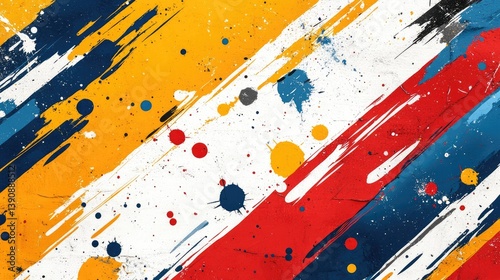 Splattered paint streaks across a white backdrop in a dynamic, chaotic abstract