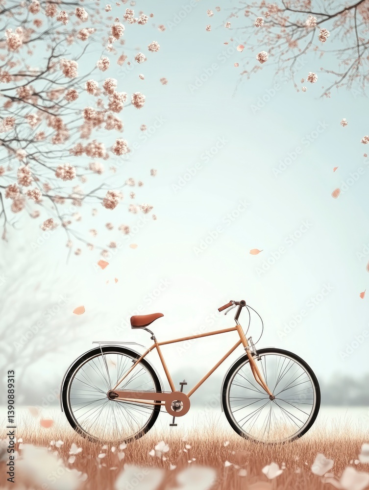 Fototapeta premium Vintage Bicycle with Falling Blossoms in Pastel Hues Springtime Scene