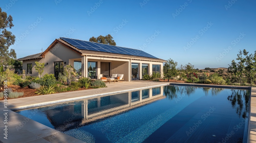 Obraz premium Modern house with solar panels and swimming pool surrounded by greenery in a serene outdoor environment