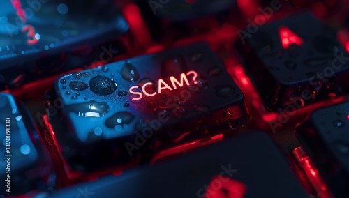 SCAM button on an online store's computer keyboard, online scammers, computer fraud. Security protection, Identifying online fraud and scams digital space informational graphic technology.