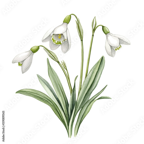 A watercolor painting of Galanthus branch, isolated on a white background. Galanthus branch vector

