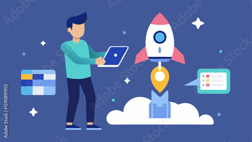App Deployment A developer next to a metaphorical launchpad sending off a new virtual assistant app into the digital environment with rockets and stars symbolizing launch.