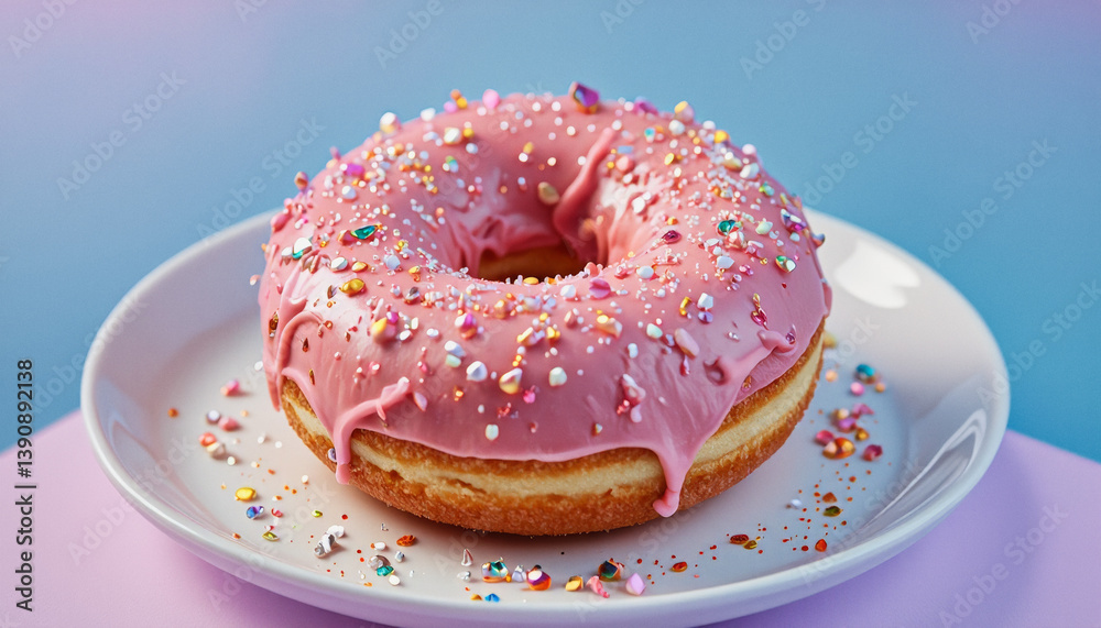Vivid design food and beverage advertisement: A pink frosted donut, generously sprinkled with colorful sprinkles and iridescent gems, sits on a white plate against a pastel background. Vivid design food and beverage advertisement: A pink frosted donut, generously sprinkled with colorful sprinkles and iridescent gems, sits on a white plate against a pastel background.