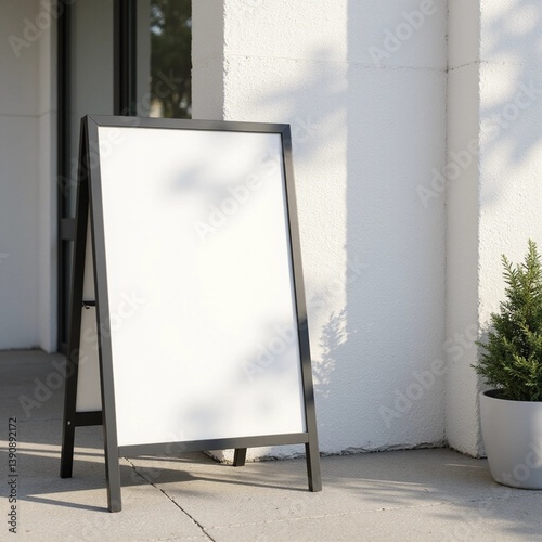 sandwich board sign white blank sidewalk stucco white wall natural poster clean surface minimalist aesthetic billboard sunlight shadow concrete black frame flyer texture mockup mockups standing  photo