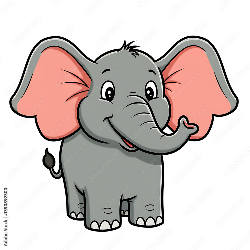 Obraz premium Big-Headed Cartoon Elephant with Floppy Ears and Smiling Face on White Background