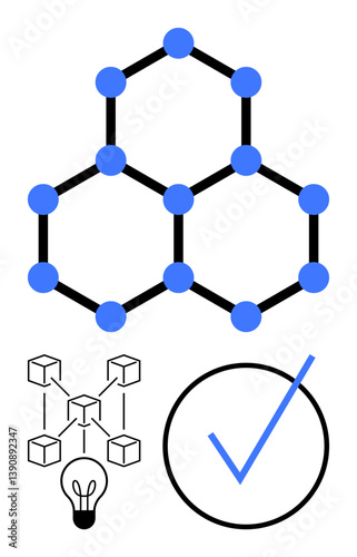 Geometric molecular structure with connected nodes, blockchain network diagram, highlighted bulb for idea, and large check mark. Ideal for science, innovation, blockchain, accuracy, research