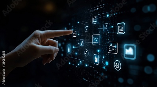 Hand pointing to icons symbolizing business success including client retention and sale conversion with a professional marketing background