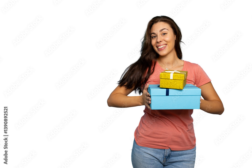 Happy young woman holding two gift boxes, a small gold one and a bigger light blue one, smiling on a transparent background