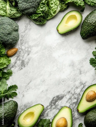 Fresh green healthy foods arranged on marble