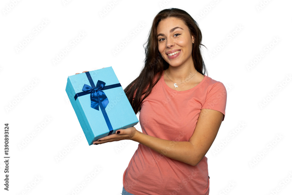 Joyful woman embracing wrapped gift box, smiling against transparent backdrop Joyful woman embracing wrapped gift box, smiling against transparent backdrop