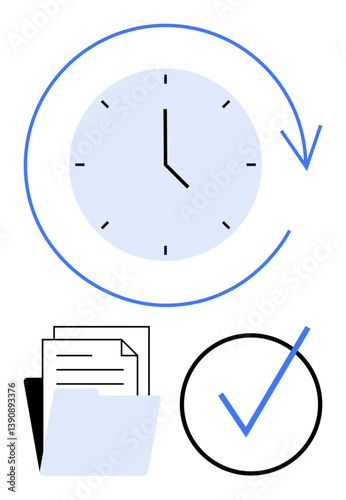 Clock with rotating arrow symbolizes time management, folders with paper for organization, checkmark for accomplishment. Ideal for productivity, planning, deadlines, efficiency, workflow, scheduling