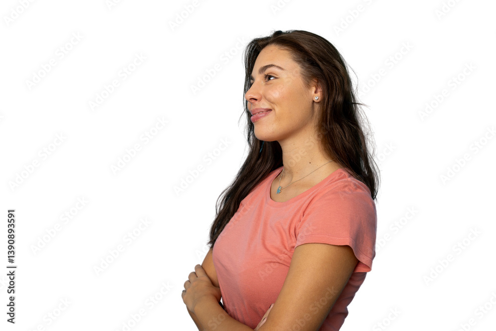 Cheerful young female model crossing arms, studio portrait against transparent backdrop Cheerful young female model crossing arms, studio portrait against transparent backdrop