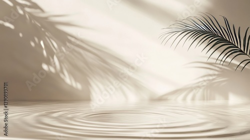 A serene atmosphere is created by the reflection in calm water with a green leaf