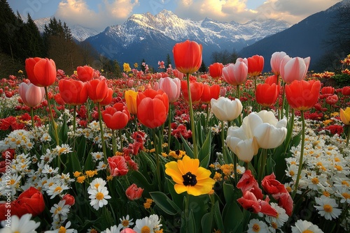 Tulips bloom beautifully in a field near snow-capped mountains under an expressive sky