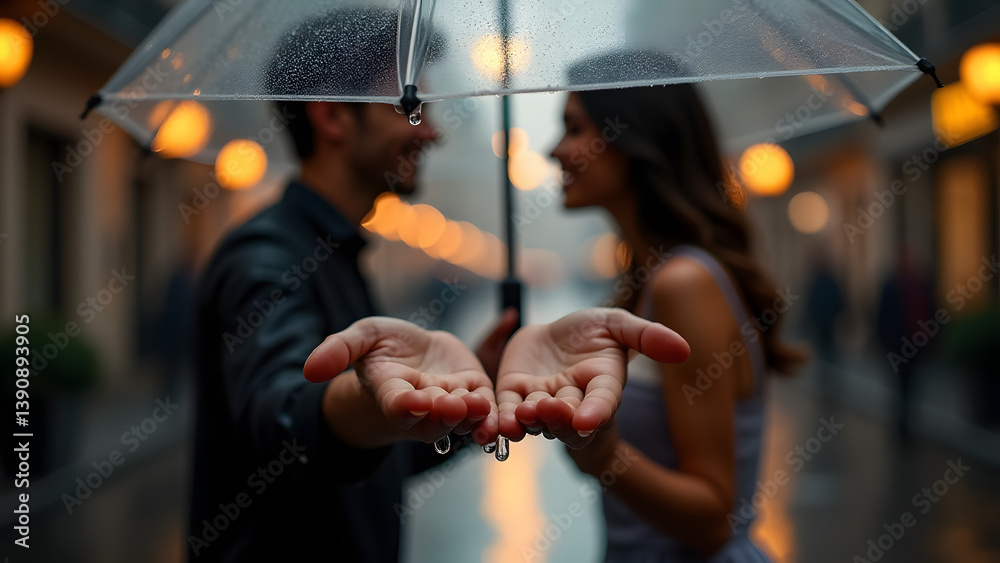 Lovers' hands nearly touching under clear umbrella with Paris street glowing through rain. Lovers' hands nearly touching under clear umbrella with Paris street glowing through rain.