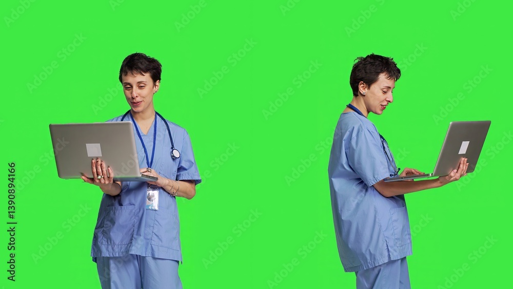 Nurse attending online telemedicine videocall on laptop, talking to patients about disease diagnosis and treatments. Specialist consulting people on internet conference network. Camera B. Nurse attending online telemedicine videocall on laptop, talking to patients about disease diagnosis and treatments. Specialist consulting people on internet conference network. Camera B.