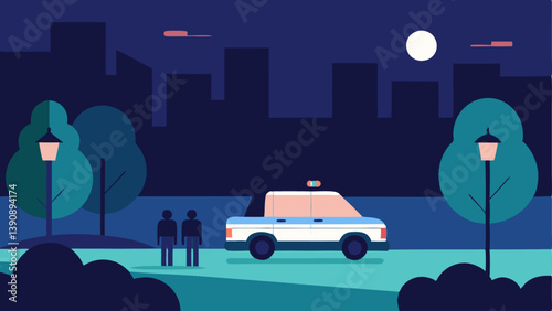 Park Encounter A police vehicle parked near a dark park its lights illuminating the surrounding trees and a pathway where people can be seen walking away.