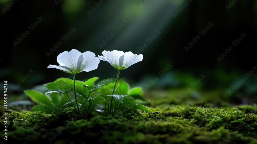 Delicate white flowers in a lush forest setting. Sunlight streams through the trees, highlighting the blossoms. A carpet of moss surrounds the plants Delicate white flowers in a lush forest setting. Sunlight streams through the trees, highlighting the blossoms. A carpet of moss surrounds the plants