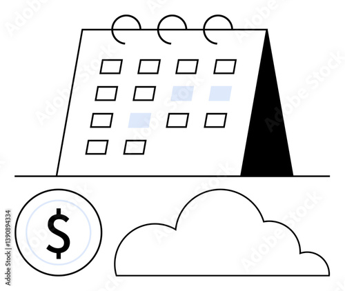 Calendar stand with highlighted dates, cloud icon, and coin. Ideal for planning, finance, scheduling, time management, cloud storage digital tools business operations. Flat simple metaphor