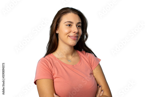 Smiling woman standing with crossed arms, turning head sideways, wearing casual outfit against transparent backdrop