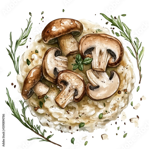 A watercolor painting of Funghi Porcini Risotto, isolated on a white background. Funghi Porcini Risotto vector

