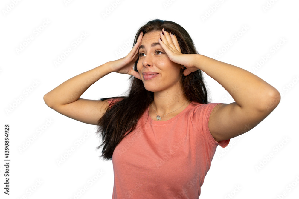 Stressed female pressing temples, experiencing migraine pain, isolated on transparent background Stressed female pressing temples, experiencing migraine pain, isolated on transparent background